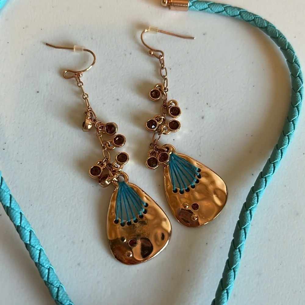 Guess Necklace Earring Set Turquoise Copper Rope Dangle Mixed Media Teardrop 19”